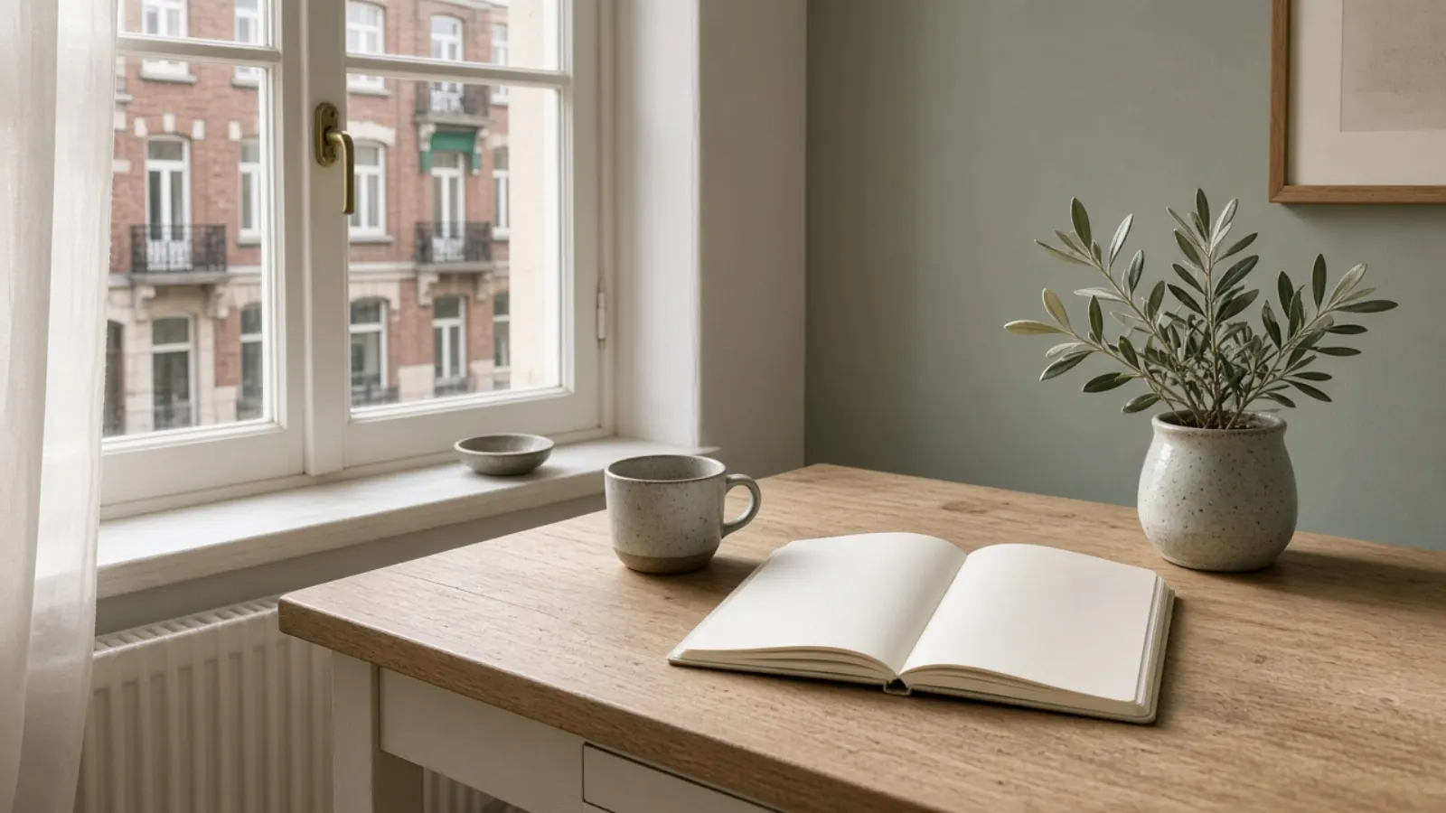 A bright desk with a notebook, a mug and an olive branch by a window overlooking a residential street