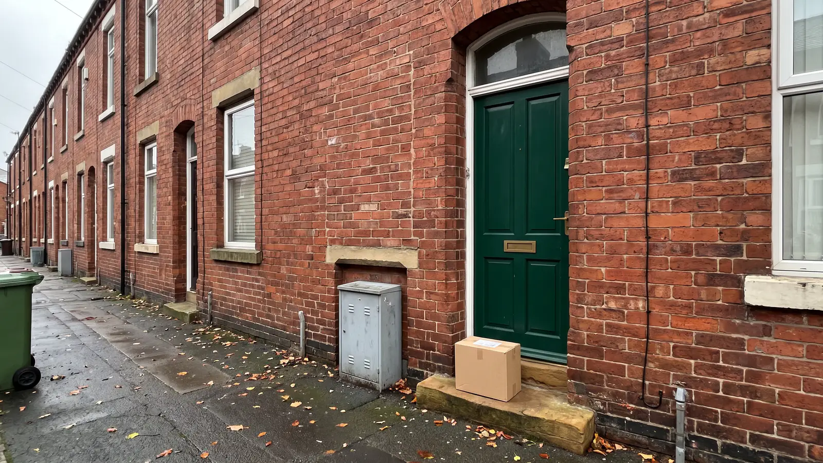 A cardboard box on the stone step of a red-brick terraced house, in front of a green door with a brass letterbox and a grey meter box beside it