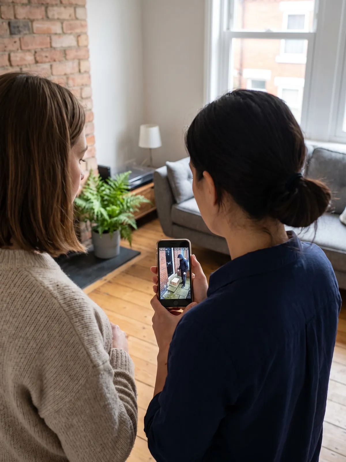 Two women seen from behind looking at a smartphone that shows camera footage of a man