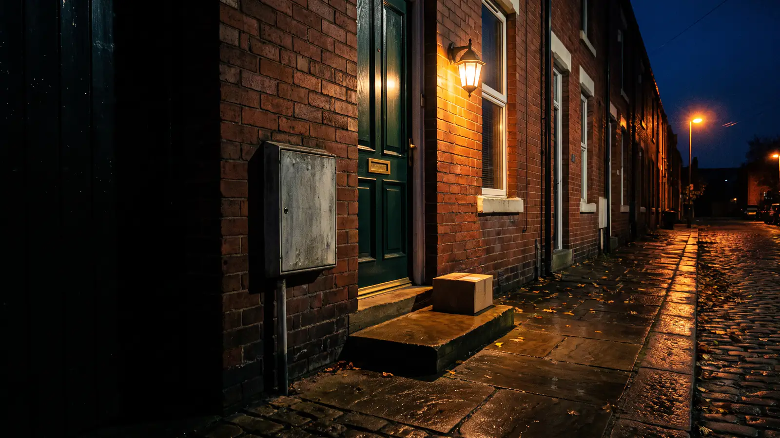 A front entrance in the evening, a wall lamp lighting the steps and a parcel by the door