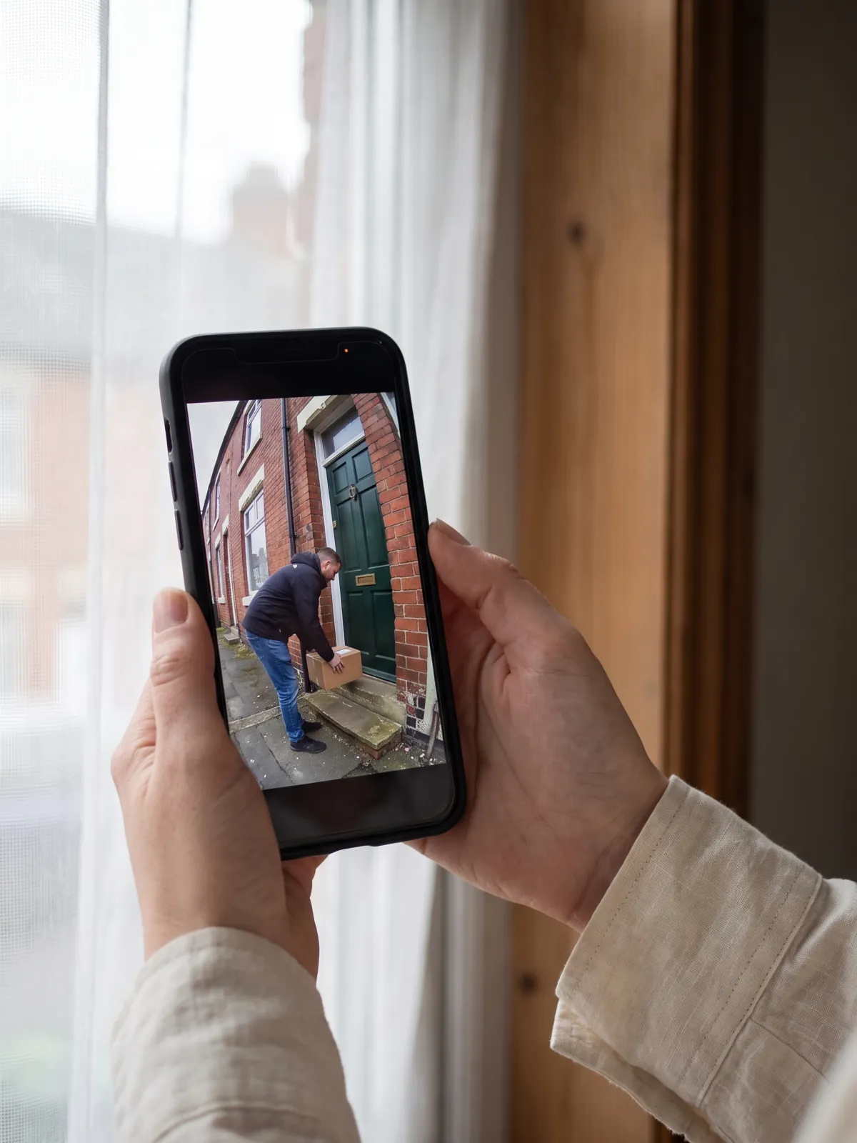 Hands holding a smartphone showing live camera footage of a man picking up a parcel from a front step